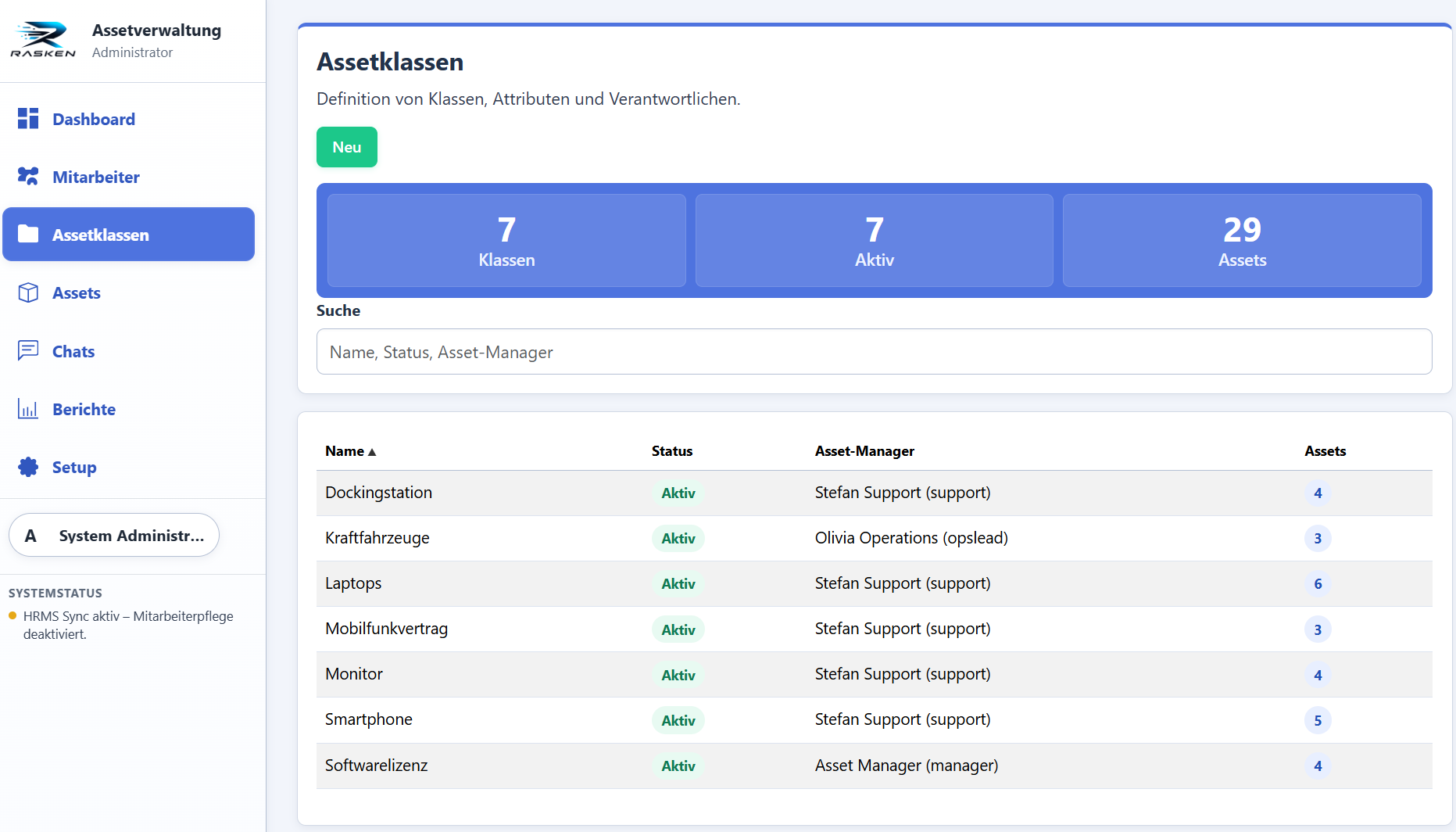 Screenshot der Assetklassen im Assetmanagement