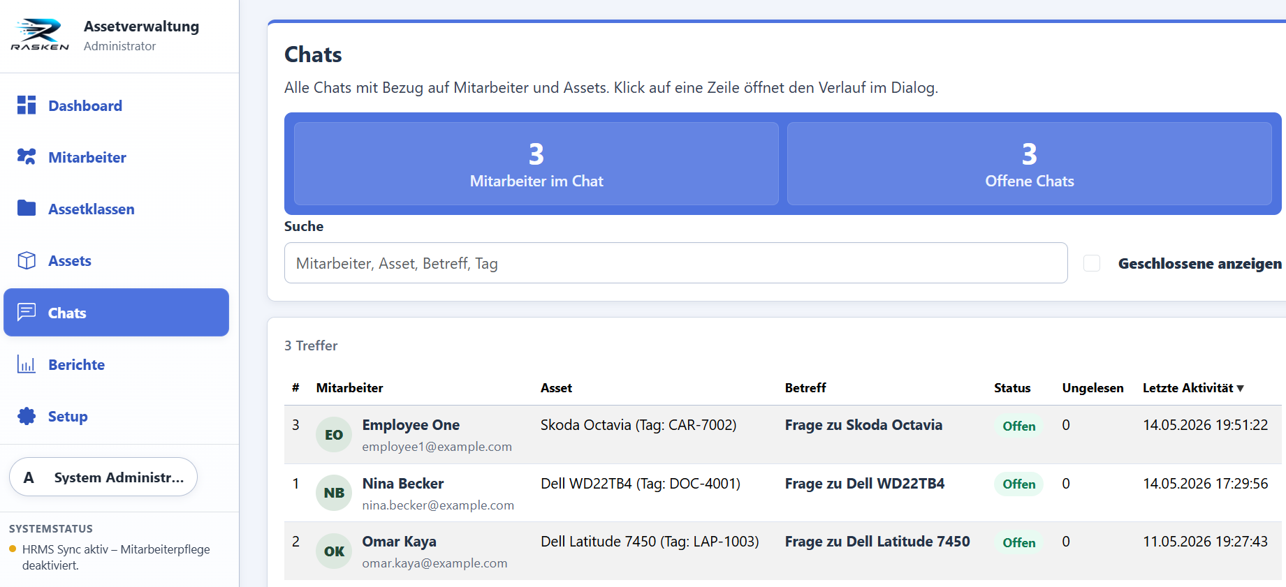 Screenshot der Chats im Assetmanagement