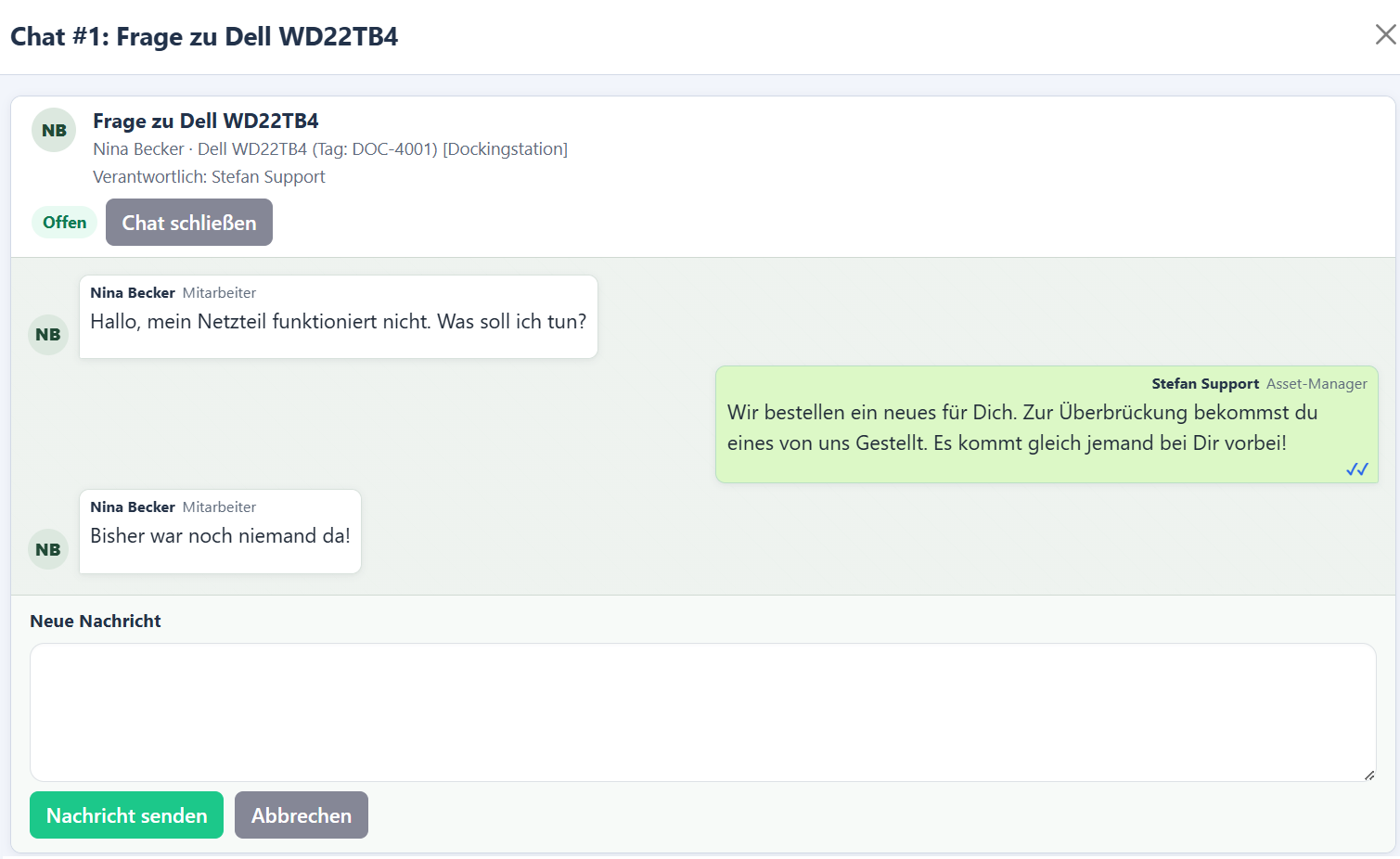Screenshot der Chats im Detail im Assetmanagement