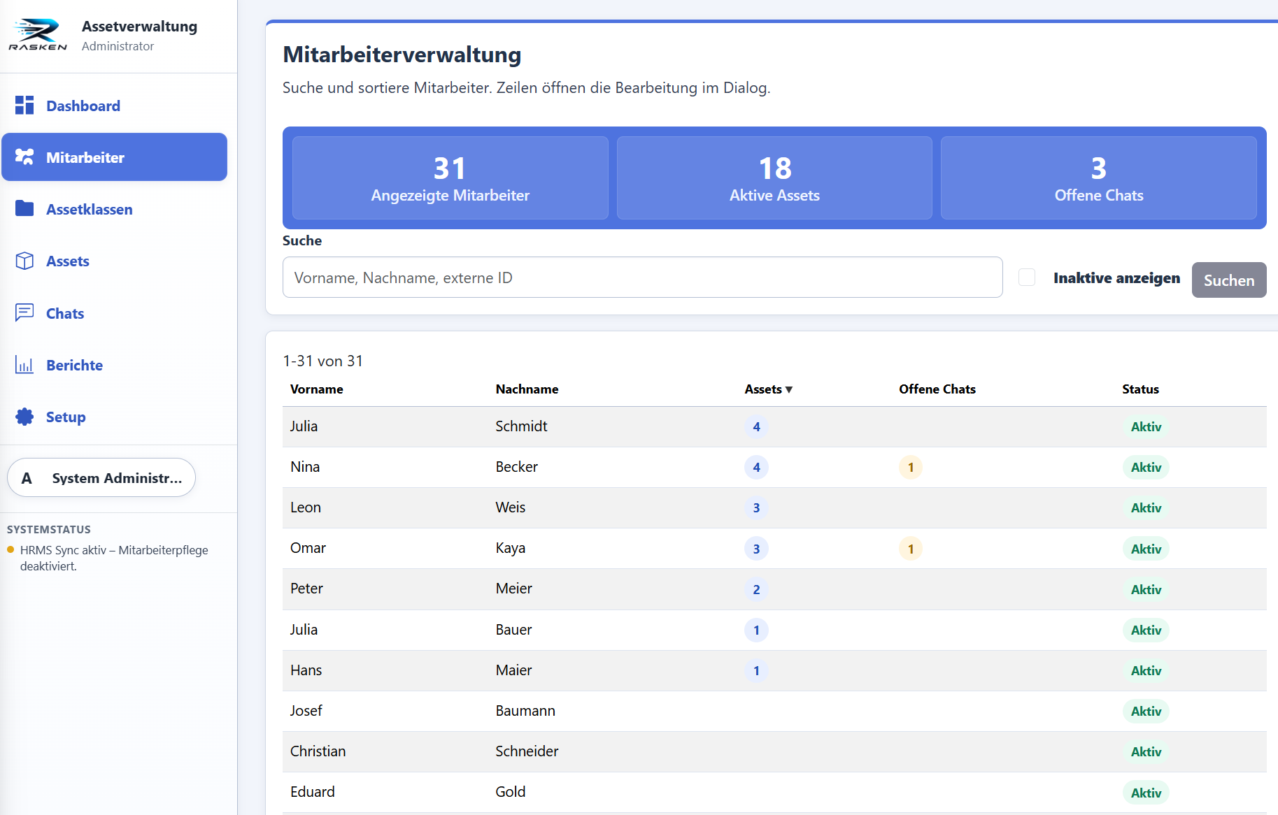 Screenshot der Mitarbeiterverwaltung im Assetmanagement