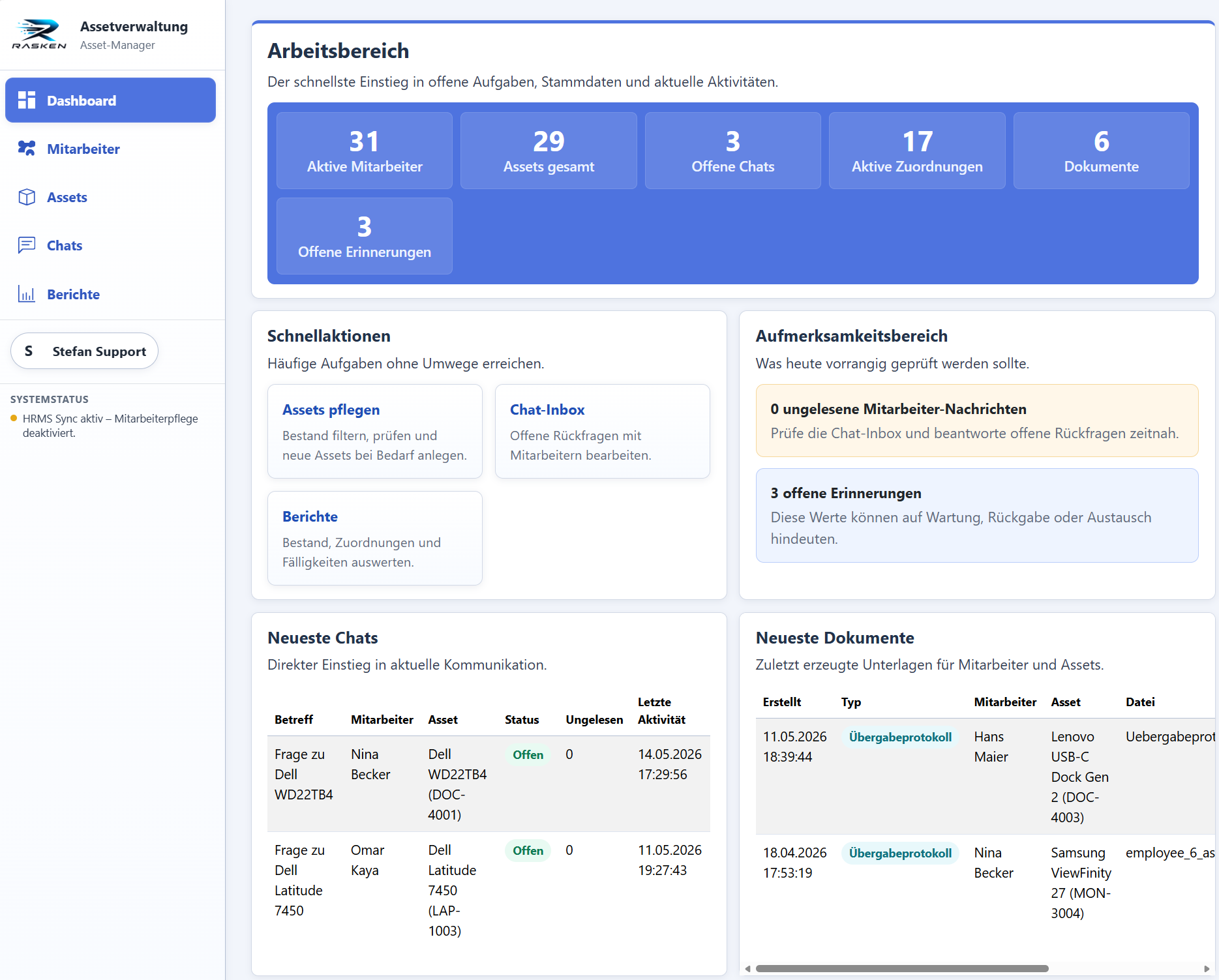 Screenshot des rollenspezifischen Portals für Asset-Manager
